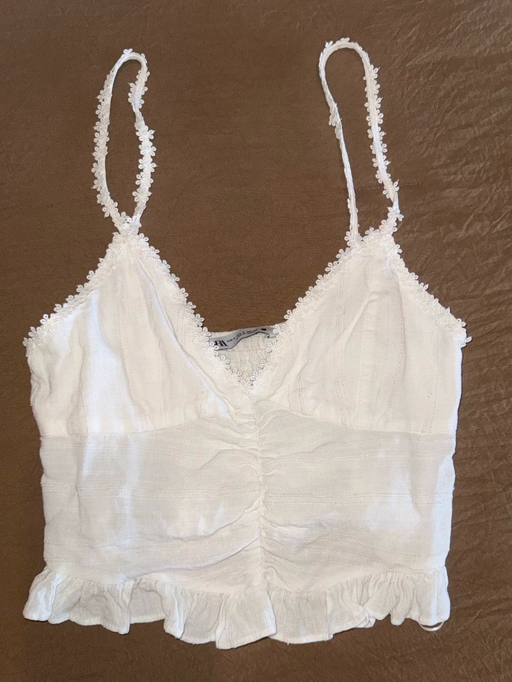 Zara White Lace-Trim Ruched Cami Tank Top
